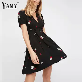 Senovinių gėlių spausdinti black paplūdimio suknelė moterims trumpomis rankovėmis nėrinių mini suknelė Seksualus mygtuką šifono šalis suknelės 2018 vestidos