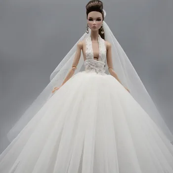 Sexy Nėrinių Balta Mados Vestuvių Suknelė Barbie Lėlės Komplektus Princesė Vakare Šalis Suknelė Ilgos Suknelės Lėlės Drabužiai & Šydas