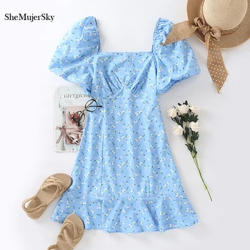 SheMujerSky Vasaros Vintage Suknelė Moterims Blue Square Apykaklės, Elastinga Suknelės 2020 Mažai Gėlių Spausdinti Sluoksniuotos Rankovėmis Suknelė