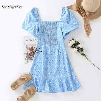SheMujerSky Vasaros Vintage Suknelė Moterims Blue Square Apykaklės, Elastinga Suknelės 2020 Mažai Gėlių Spausdinti Sluoksniuotos Rankovėmis Suknelė
