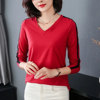 Shintimes Marškinėliai Moterims Kratinys Dryžuotas V-Kaklo, Ilgomis Rankovėmis T-Shirt Rudenį 2020 Medvilnės Marškinėlius Korėjos Plius Dydis Moterų Drabužiai