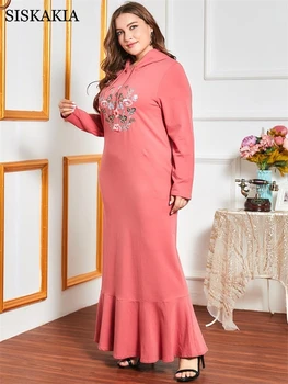 Siskakia Ilgai Gobtuvu Palaidinukė Suknelė Moterims Rudenį, Žiemą 2020 Sweet Pink Pynimas Hem Gėlių Siuvinėjimas Musulmonų arabų Drabužiai