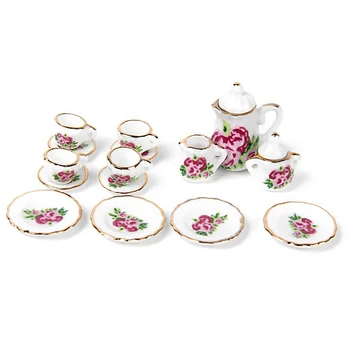 Skatinimas! 15 vnt Porceliano arbatos rinkinys Lėlių namelis miniatiūrinės maisto produktai, Kinų rožė patiekalų čempionatas