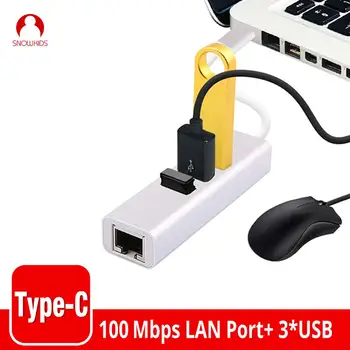Snowkids C Tipo prie USB Hub LAN RJ45 3USB Hub Adapteris Nešiojamas Ethernet Splitter 1000Mbps Išorės Prievadai Išplėtimo MateBook 13