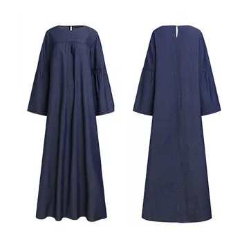 Stilingas Džinsinis Mėlyna Maxi Suknelė Moterų Musulmonų Suknelės ZENZEA 2021 Atsitiktinis Atvartas Mygtuką Vestidos Moterų Blyksnius Rankovėmis Drabužius, Plius Dydis