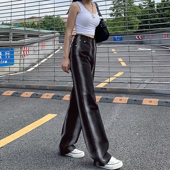 Streetwear Balta Dryžuotas Didelio Juosmens Pločio Koja Plati Black Jeans Moteris 2020 M. Rudenį Visas Ilgis Laisvas Kelnes Džinsinio Y2k Kelnės Moteriška