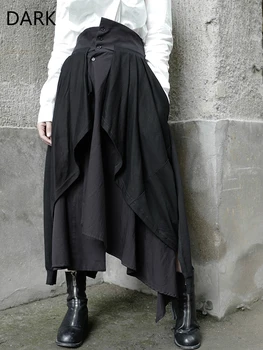 TAMSIAI Yamamoto Stiliaus Sijonas Dizaino Prasme, Moterų Nišą Tamsus Juodas Klostuotas Dvigubai Aukšto Juosmens Padalinta Juoda Slidinėti Sijonas