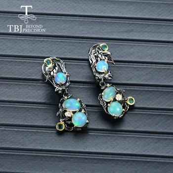 TBJ, Natūralus akmuo multi-color opalas Papuošalai Nustatyti 925 sterlingas sidabro žiedas ir auskarai fine jewelry Vintage 
