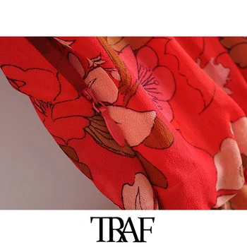 TRAF Moterų Mados Lankas Su Gėlių Spausdinti Klostuotas Mini Suknelė Vintage ilgomis Rankovėmis Pusėje Užtrauktukas Moterų Suknelės Mujer