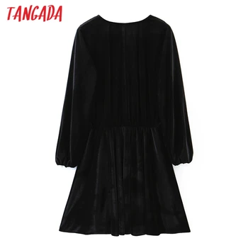Tangada mados moterų kietas elegantiška juodo aksomo suknelė v-kaklo, ilgomis rankovėmis ponios šiltas mini suknelė SL145