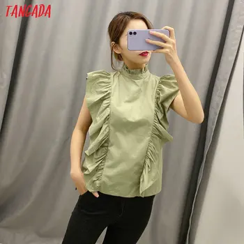 Tangada moterų pynimas žalia vasaros marškinėliai be rankovių kietas elegantiškas biuras ponios darbo drabužiai palaidinės BE216