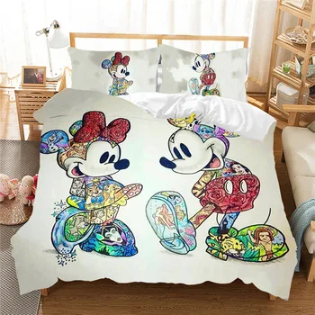 Trijų dalių rinkinys Mickey Minnie Mouse Patalynės Komplektai Berniukas ir Mergaitė Suaugę Dvyniai Visą Karalienė, Karalius Miegamojo Puošmena Antklode Padengti