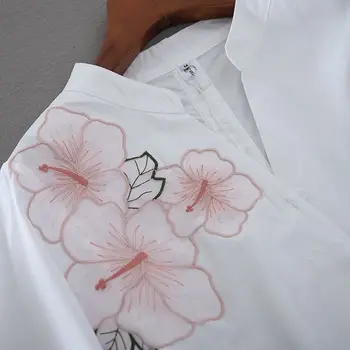 Tunika Balta Marškinėliai Moterims Šifono Gėlių Siuvinėjimas Palaidinė V kaklo Office Ponios Viršūnes Atsitiktinis Aukštos kokybės Vasaros Sluoksniuotos rankovėmis