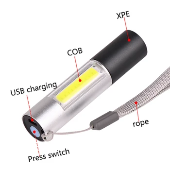 USB Įkraunama Mini LED Žibintuvėlis Super Šviesus 3 Rūšių COB+XPE T6 Žibintuvėlis atsparus Vandeniui Nešiojamų Stovyklavimo Dviračiu, Naktinis Apšvietimas