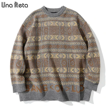 Una Reta Vintage Megztinis Vyrams Naujas Harajuku Žiema, vyriški Drabužiai, Spausdinimo Megzti Megztinis (Puloveris Geometrijos Negabaritinių Megztinis