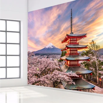 Užsakymą bet kokio dydžio 3D sienos tapetai, freskos Šiuolaikinės mados Vyšnių Žiedai, Bokštai, Mount Fuji YBZ076