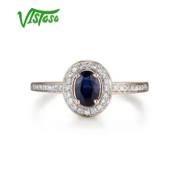 VISTOSO 14 KARATŲ Balto Aukso Žiedai Moterims, Originali Putojantis Deimantas Išgalvotas Mėlyna Safyro Sužadėtuvių Metines Unikalus Fine Jewelry