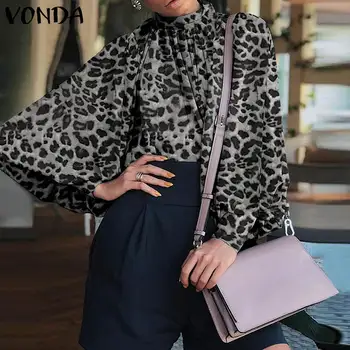 VONDA Moterų Vintage Marškinėliai 2021 M. Pavasarį Atsitiktinis ilgomis Rankovėmis Elegantiškas Biuras Viršūnes Seksualus Leopardas Spausdinti Palaidinė Ponios Blusas Femme 5XL
