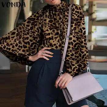 VONDA Moterų Vintage Marškinėliai 2021 M. Pavasarį Atsitiktinis ilgomis Rankovėmis Elegantiškas Biuras Viršūnes Seksualus Leopardas Spausdinti Palaidinė Ponios Blusas Femme 5XL
