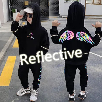 Vaikai 2-16 metų dviejų dalių komplektas berniukams mergaičių hip-hop mados reflactive sparno spausdinti hoodie + sportas ziajać gobtuvu megztinis drabužiai