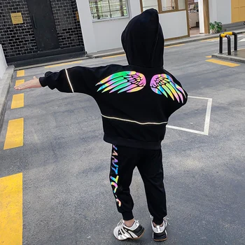 Vaikai 2-16 metų dviejų dalių komplektas berniukams mergaičių hip-hop mados reflactive sparno spausdinti hoodie + sportas ziajać gobtuvu megztinis drabužiai