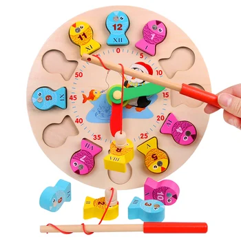 Vaikų žaislas mokymosi ir švietimo Mediniai magnetiniai žvejybos žaidimas matematikos laiko pažinimo pamatas žadintuvas žaidimas t