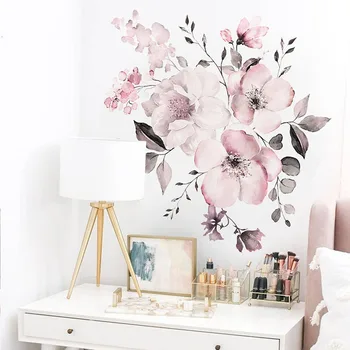 Vandens Spalva Pink gėlių sienų lipdukai miegamojo kambarį apdaila freskos namų dekoro lipdukai Gėlių grupių lipdukai, tapetai