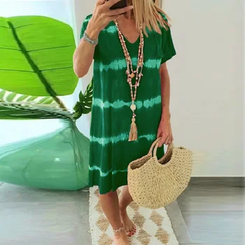 Vasaros 2020 Karšto Stilingas Moterų Suknelė Atsitiktinis V-Kaklo Drabužių Mados tie Dažai Spausdinti Trumpas Rankovės Midi Suknelė Dryžuota Paplūdimio Tunika