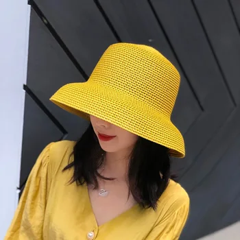 Vasaros moterų geltona tuščiaviduriai Hepburn varpo formos big kraštų skrybėlę atspalvį atostogų beach sun šiaudų skrybėlę