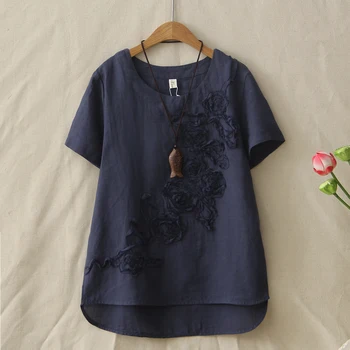 Vasarą Naujų Medvilnės Ir Lino marškinėliai Moteriška trumparankoviai Mados Gėlių Siuvinėjimas Viršūnes Moterų Tee Marškinėliai Netinkamų Drabužių