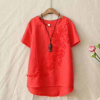 Vasarą Naujų Medvilnės Ir Lino marškinėliai Moteriška trumparankoviai Mados Gėlių Siuvinėjimas Viršūnes Moterų Tee Marškinėliai Netinkamų Drabužių