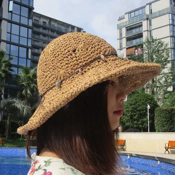 Vasarą Naujų Vertus, Nėrimo Šiaudų Skrybėlę Moterų Saulės Kepurės Lankstymo Lauko Saulės Skydelis Shell Grandinės Paplūdimio Skrybėlę Panama Sunhat Merginos Skrybėlę