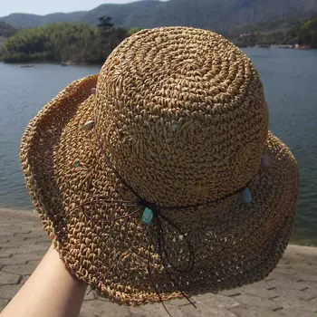Vasarą Naujų Vertus, Nėrimo Šiaudų Skrybėlę Moterų Saulės Kepurės Lankstymo Lauko Saulės Skydelis Shell Grandinės Paplūdimio Skrybėlę Panama Sunhat Merginos Skrybėlę