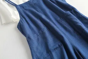 Vasarą moterys apskritai džinsinio rompers kišenės, mėlynos spalvos berankovė backless atsitiktinis džinsus jumpsuit streetwear kelnes jumpsuit