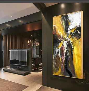 Vertikalus šiuolaikinio abstraktaus originalus kūrinys naftos tapyba ant drobės, rankų darbo, dekoratyvinis nuotraukas, geltona, juoda pilka, už kambarį