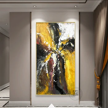 Vertikalus šiuolaikinio abstraktaus originalus kūrinys naftos tapyba ant drobės, rankų darbo, dekoratyvinis nuotraukas, geltona, juoda pilka, už kambarį