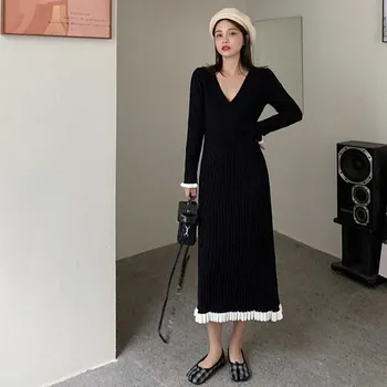 Vientisas Korėja Ponios Suknelė Vintage Susiuvimo Susiėmę Apynasrio Abiejų Pusių Suknelės 2020 M. Rudenį Moterų ilgomis Rankovėmis Knitt Suknelė