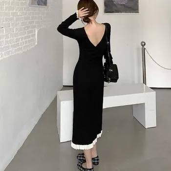 Vientisas Korėja Ponios Suknelė Vintage Susiuvimo Susiėmę Apynasrio Abiejų Pusių Suknelės 2020 M. Rudenį Moterų ilgomis Rankovėmis Knitt Suknelė