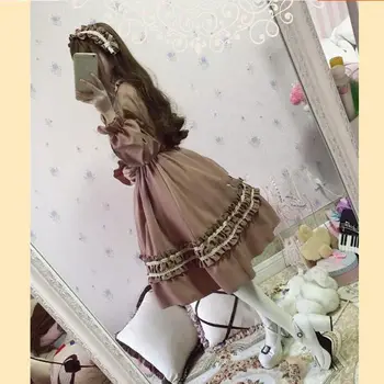 Viktorijos viduramžių Gotikos Lolita Dress Moterų Derliaus ilgomis Rankovėmis Retro Temperamentas arbatėlė Saldus Lolita Dress