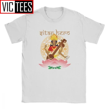 Vyras Sitar Herojus Saraswati Induistų Deivės Muzikos T-Shirt, Derliaus, O Kaklas Trumpas Rankovėmis Drabužius, Medvilnės Marškinėliai Vyrams T Shirts