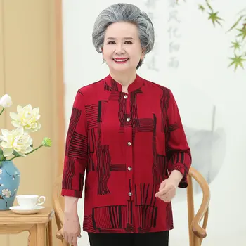 Vyresnio Amžiaus Moterims Marškinėliai Rudens Ir Pavasario Gėlių Spausdinti Mandarinų Apykaklės Viršaus Vidutinio Amžiaus Moteris Raudona Juoda Trys Ketvirtį Rankovėmis Marškinėliai