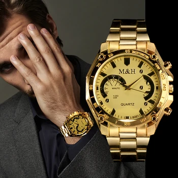 Vyrų Aukso Mados Prabangos Prekės M&H Kvarco Riešo Žiūrėti Vyrų Aukštos Kokybės Plieno Vyrų Suknelė Laikrodžiai reloj hombre relogio masculino