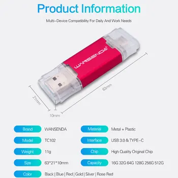 WANSENDA C TIPAS USB Flash Drive, OTG Pen Ratai 512 GB 256 GB 128GB 64GB 32GB Pendrive USB 3.0, skirta 