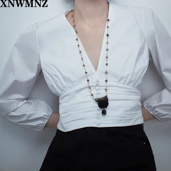 XNWMNZ za Elegantiškas V Kaklo Viršūnes Moterų Sluoksniuotos Rankovėmis Palaidinė 2020 Elegantiškas Mygtuką Blusas Moterų Aukšto Wasit Kietas Tunika