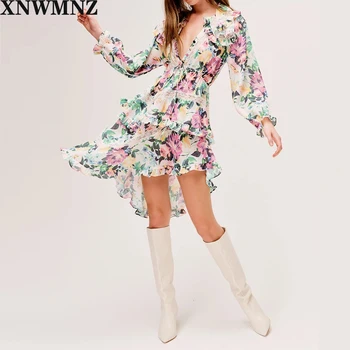 XNWMNZ za Moterų 2020 M. Su Nėriniais Elegantiškos Mados Gėlių Spausdinti Nesimetriškas Mini Suknelė Vintage ilgomis Rankovėmis Raišteliu Moterų Suknelės