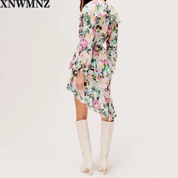 XNWMNZ za Moterų 2020 M. Su Nėriniais Elegantiškos Mados Gėlių Spausdinti Nesimetriškas Mini Suknelė Vintage ilgomis Rankovėmis Raišteliu Moterų Suknelės