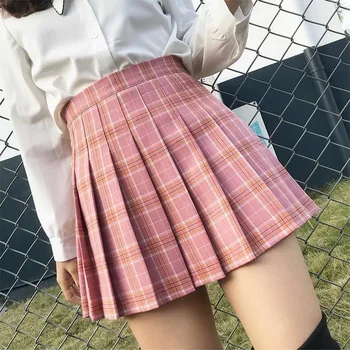 XS-2XL Naujų korėjos Vasaros Moterų Sijonai Aukšto Juosmens Pledas Mini Sijonas Moterims School Girls Sexy Cute Klostuotas Sijonas su Užtrauktuku