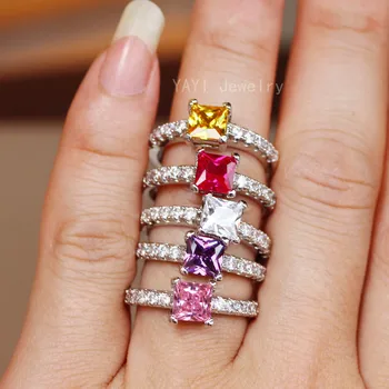 YaYI Papuošalų Mados Princesė Iškirpti 4.6 CT Multi-color Cirkonis Sidabro Spalvos Sužadėtuvių Žiedai, vestuvių Žiedai Šalies Žiedai 10 Spalvų
