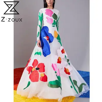 Z-ZOUX Moterų Šifono Suknelė Spausdinti Maxi Suknelės Temperamentas Pasakų Ponios Suknelės ilgomis Rankovėmis High Waisted Vintage Suknelė 2020 Naujas