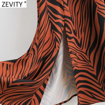 Zevity Naujas Moterų Elegantiškas Zebras Dryžuotas Spausdinti Elastinga Juosmens Midi Marškinėliai Moteriška Suknelė ilgomis Rankovėmis Atsitiktinis Slim Padalinta Vestido DS4739